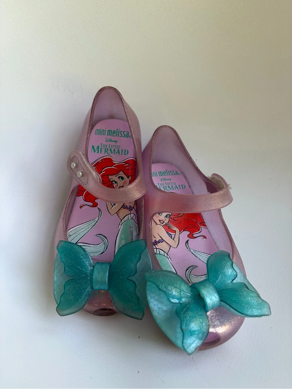 Mini Melissa size 9 Jelly Mary Jane Glitter Bow Shoes with The Little Mermaid